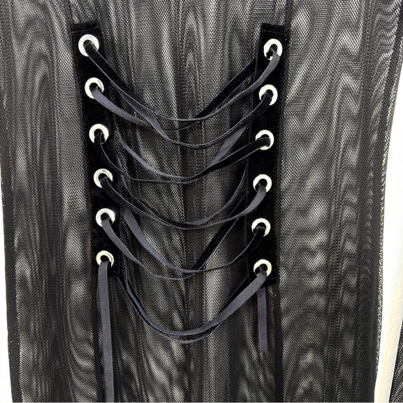 Y2K Black Sheer Mesh Corset Dress Velvet Trim Lace Up Front Fairygrunge Goth S - Picture 4 of 9